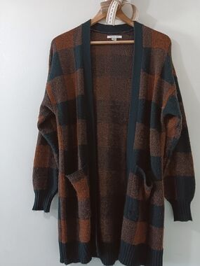 American Eagle Wool Blend Plaid Open Front Sweater Knit Cardigan XS Brown & Navy